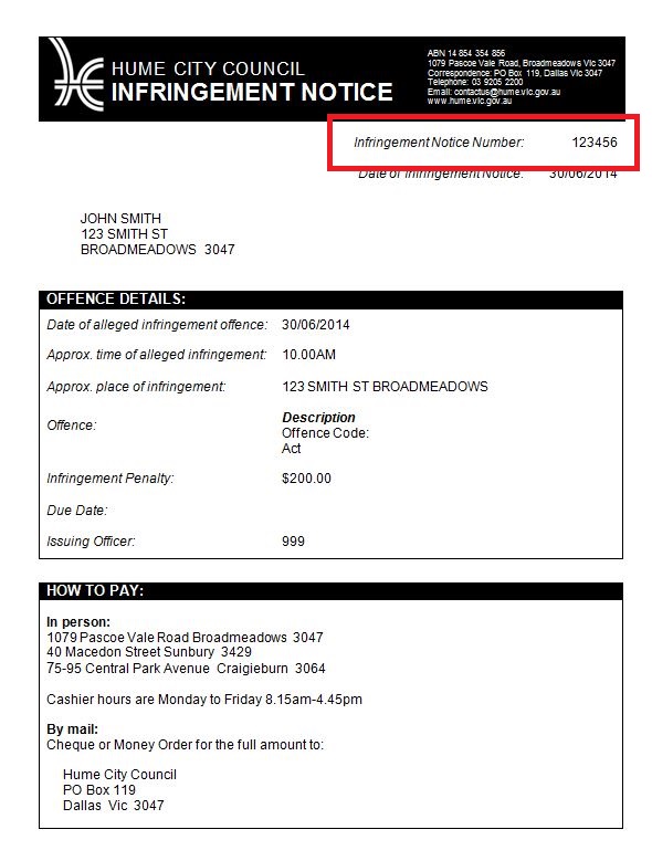 Hume City Council Infringement Payment